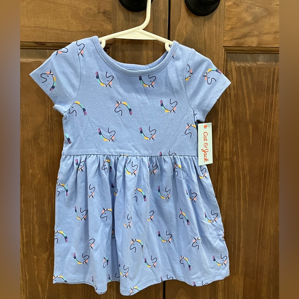 Cat & Jack Toddler Girls Light Blue Unicorn Short Sleeve Dress, Size 2T, NWT